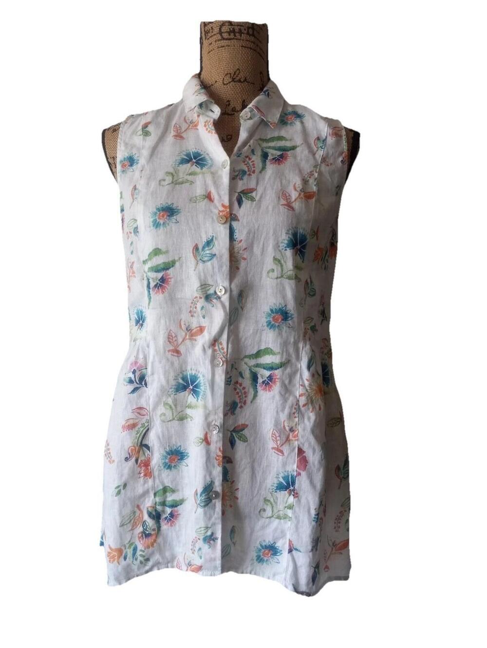 J Jill Love Linen Whimsical Blouse Women Size XS 100% Linen Floral Summer